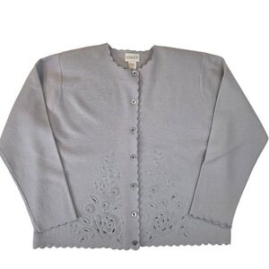 Koret Women's L VTG Cardigan Light Blue 100% Wool‎ Floral Embroidered Scalloped